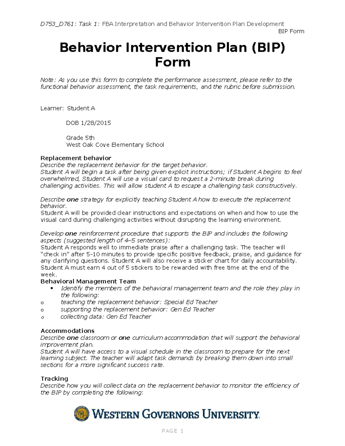 D753_D761: Task 1 - FBA & BIP Development for Student A - Studocu