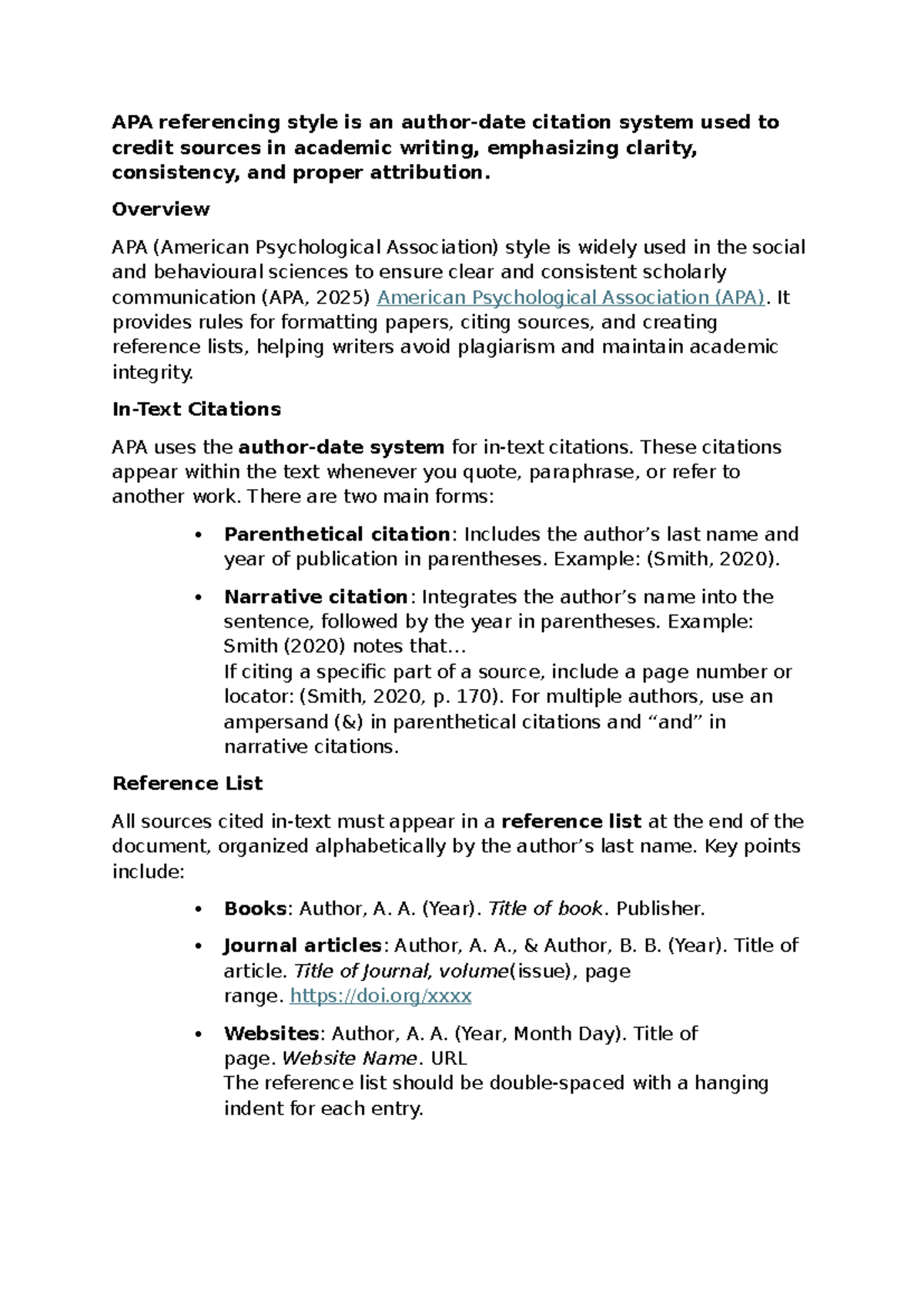 APA Referencing Style Overview - DOJN - Studocu