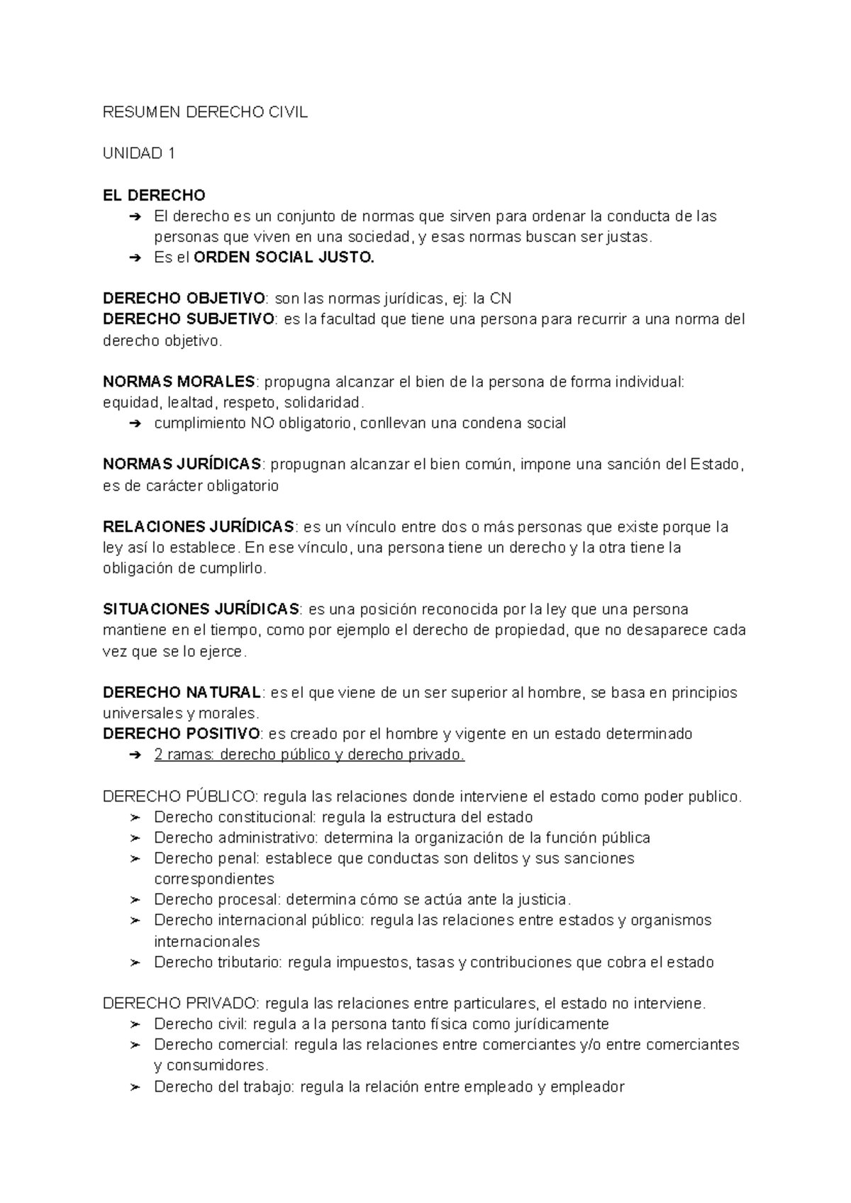 Resumen Derecho Civil - Unidad 1: Conceptos Fundamentales - Studocu