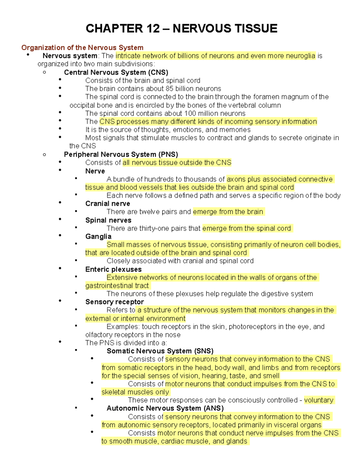 Nervous Tissue Overview: Key Concepts from Chapter 12 Notes - Studocu