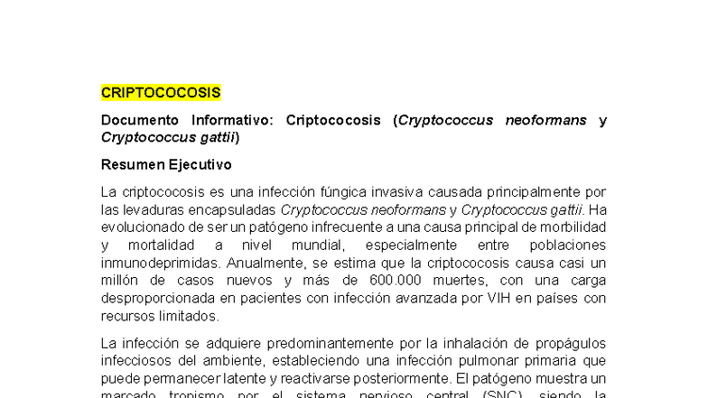 CRIPTOCOCOSIS: Resumen Ejecutivo y Patogenicidad (Criptococcus ...