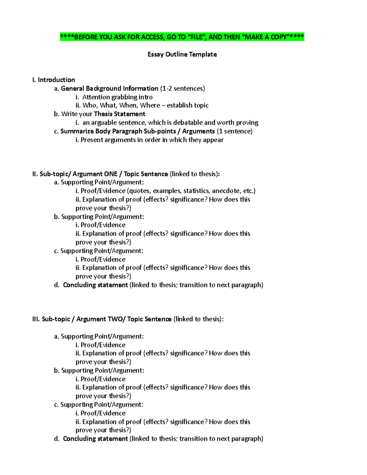 ENG101 Essay Outline Template for Structuring Arguments - Studocu