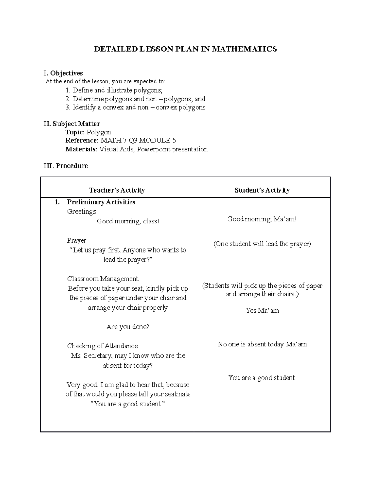 Detailed Lesson Plan on Polygons for MATH 7 Q3 Module 5 - Studocu