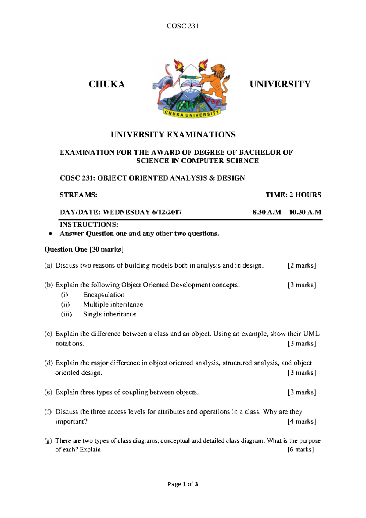 COSC 231: Object Oriented Analysis & Design Exam Past Paper - Studocu