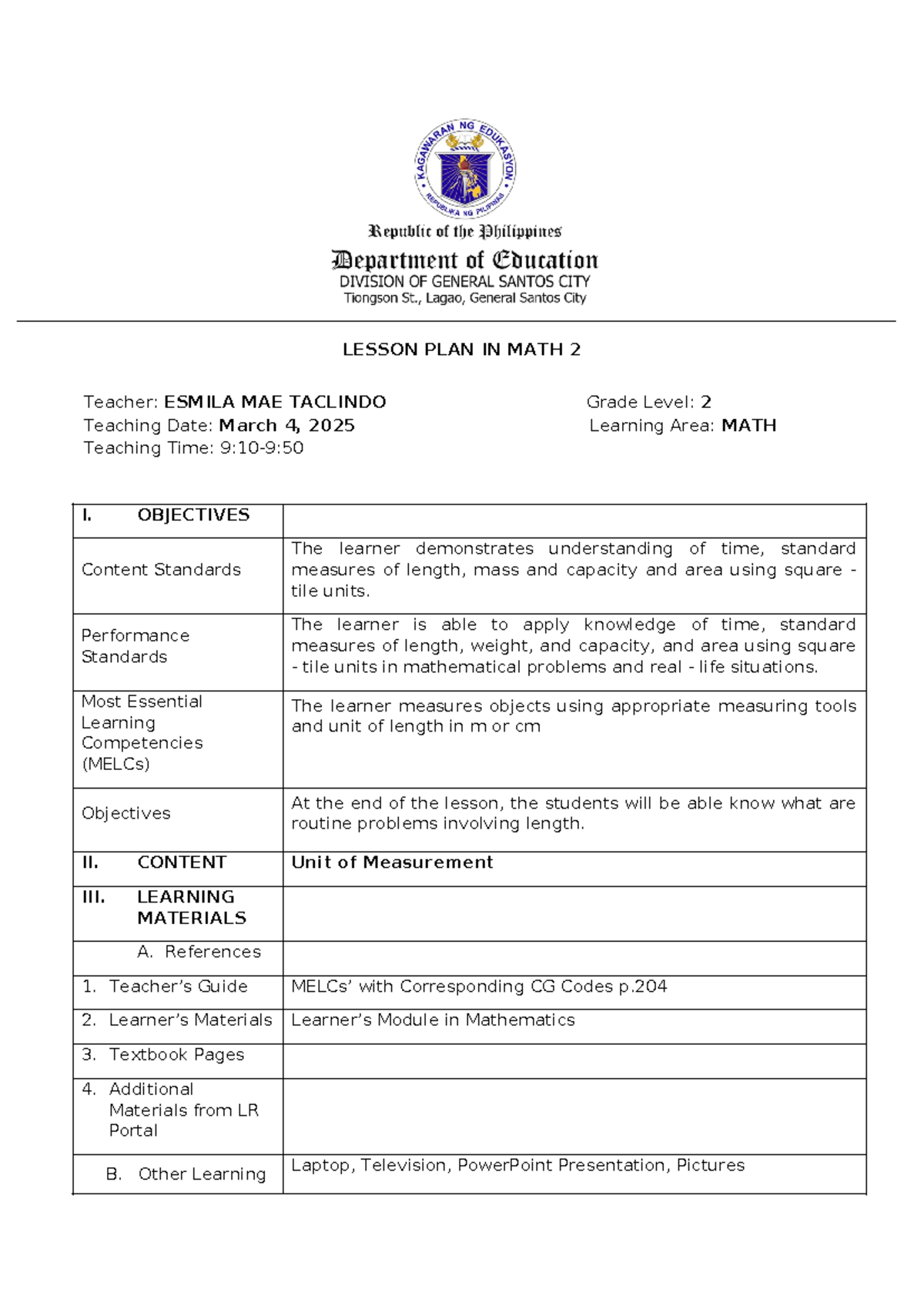 MATH 2 March 4 - Detailed Lesson Plan for Grade 2 Measurement - Studocu