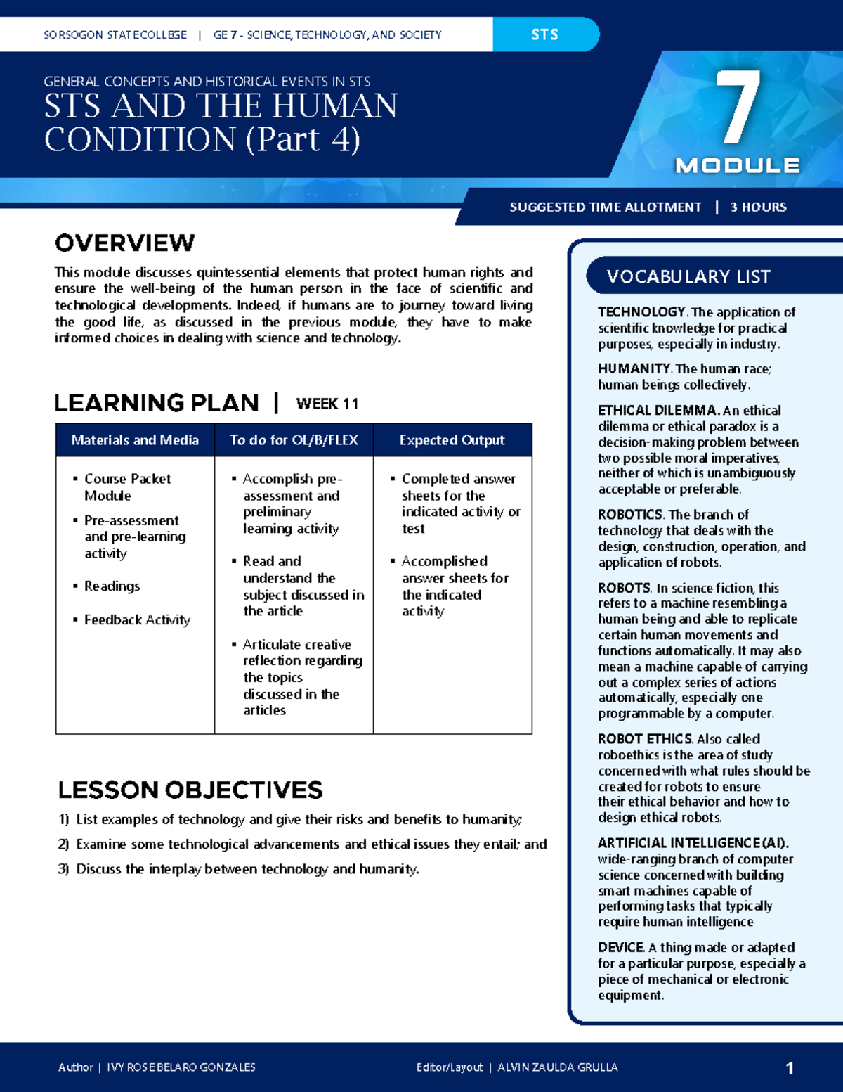 SORSOGON STATE COLLEGE GE 7 SCIENCE, TECHNOLOGY, AND SOCIETY MODULE 7 ...
