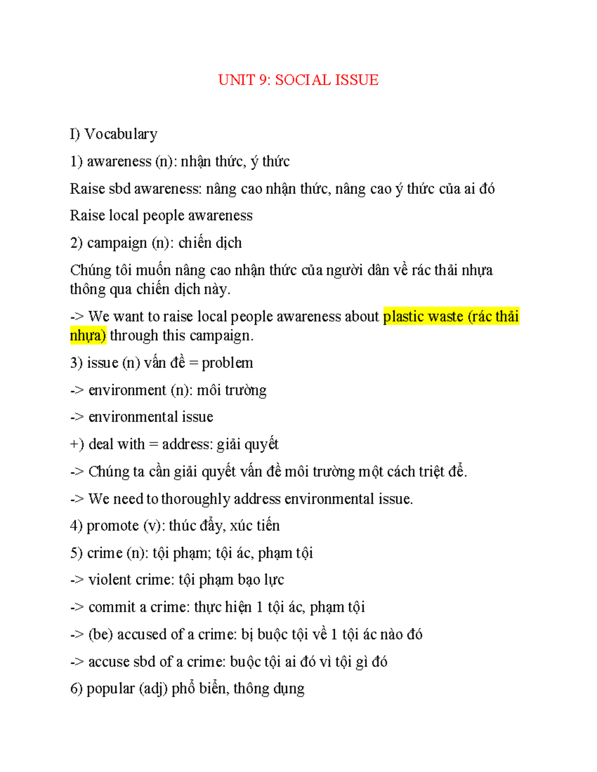 UNIT 9: SOCIAL ISSUES - Vocabulary & Grammar Notes - Studocu