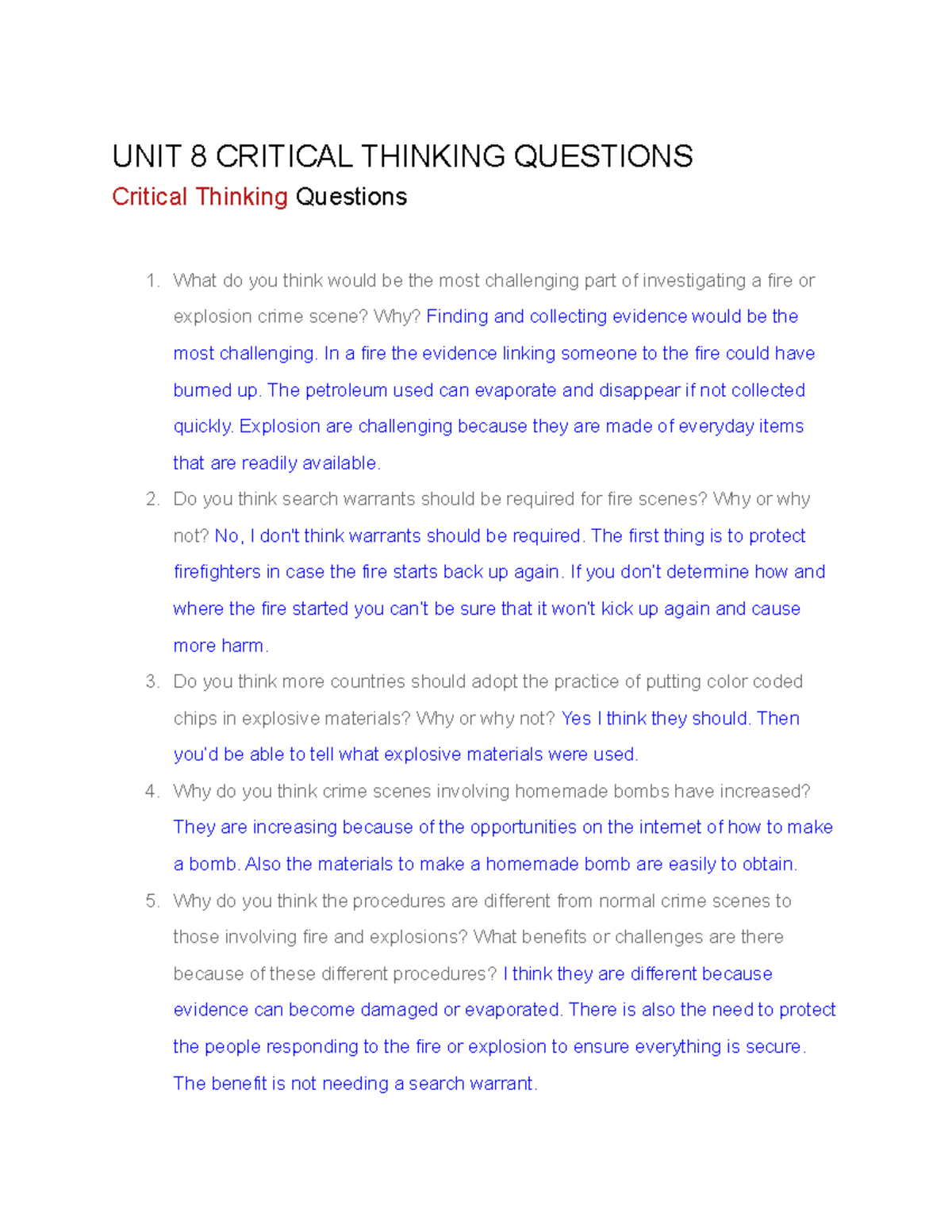 UNIT 8 Critical Thinking Questions - UNIT 8 CRITICAL