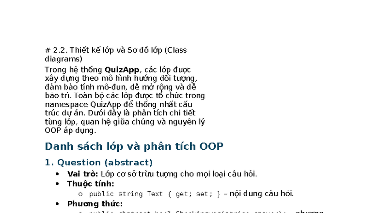 QuizApp Class Analysis: OOP Design & Class Diagrams - Studocu