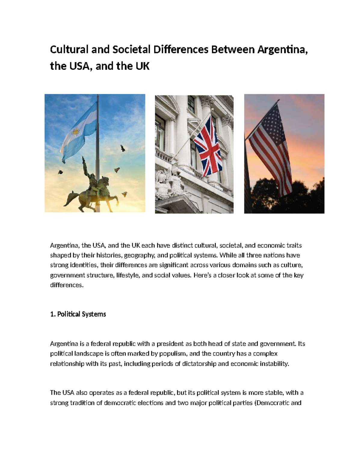 Cultural and Societal Differences: Argentina, USA, UK - 6°II - Studocu