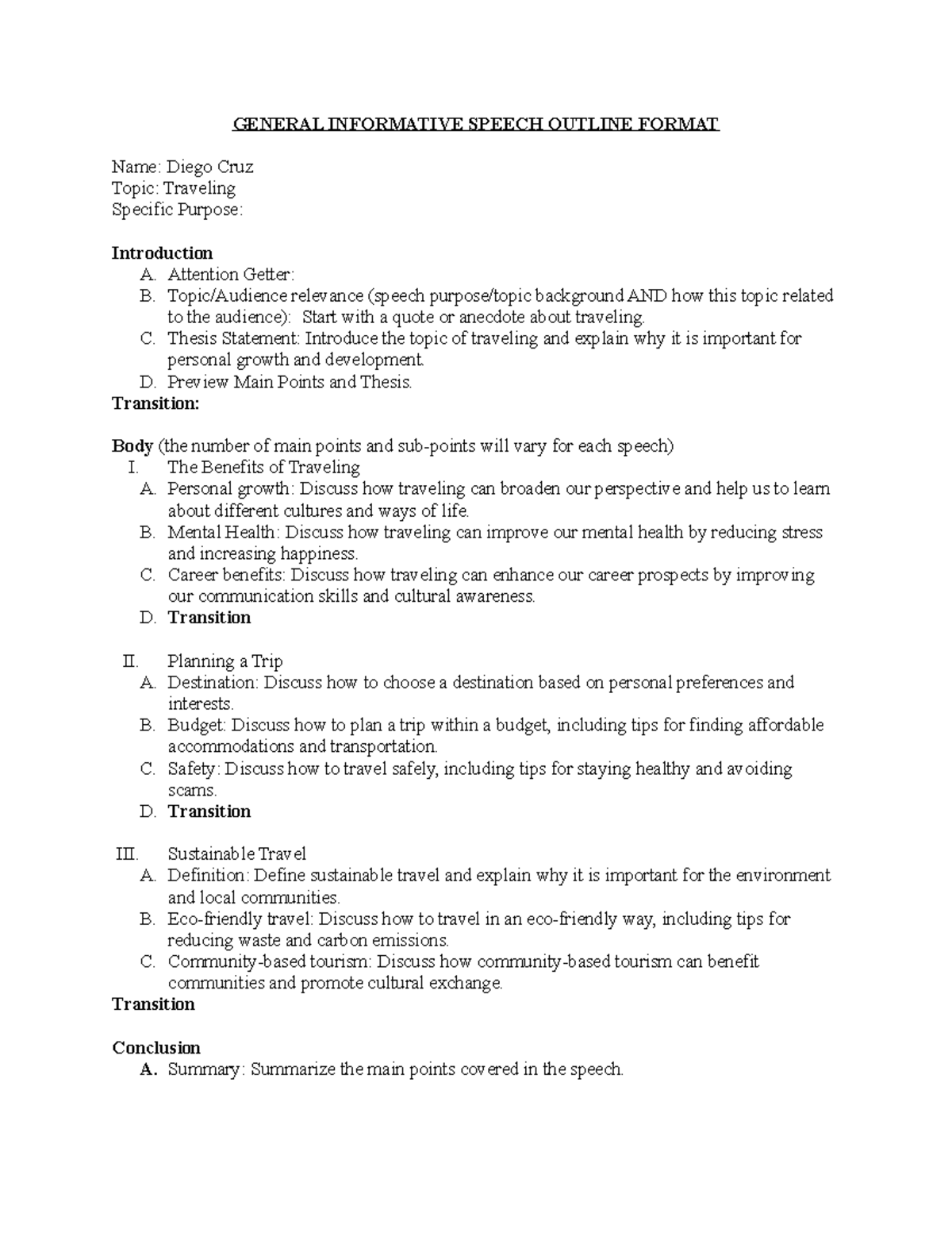 General Informative Speech Outline on Traveling - Studocu