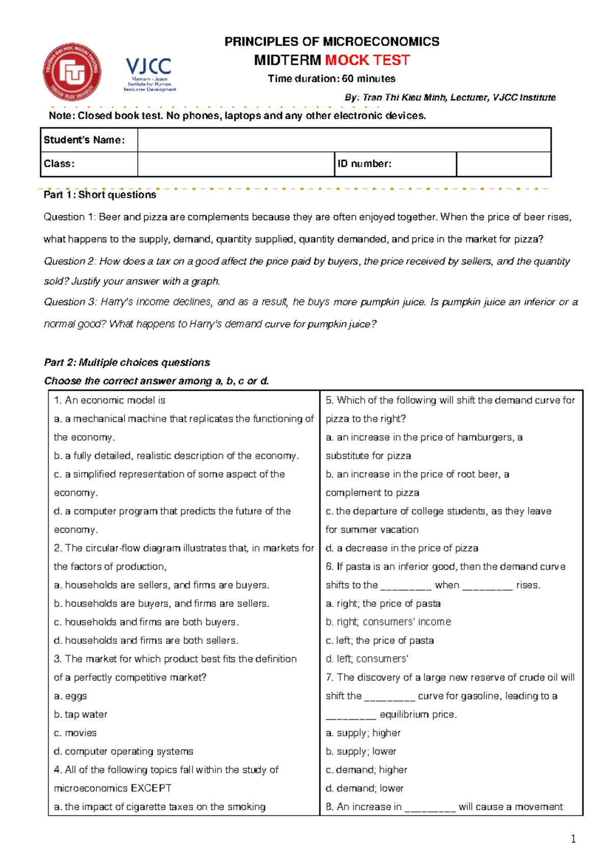 Midterm Mock Test for Principles of Microeconomics (ECON 101) - Studocu