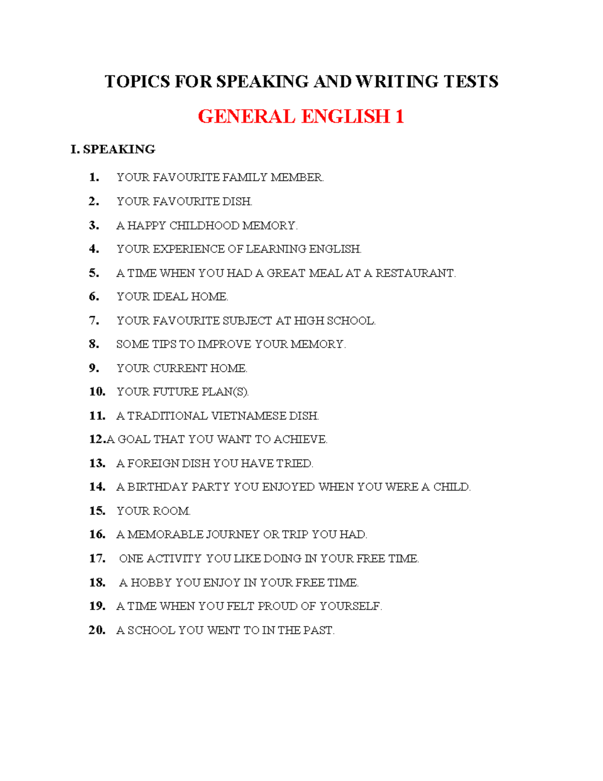 GE1 Speaking & Writing Test Topics for General English 1 - Studocu