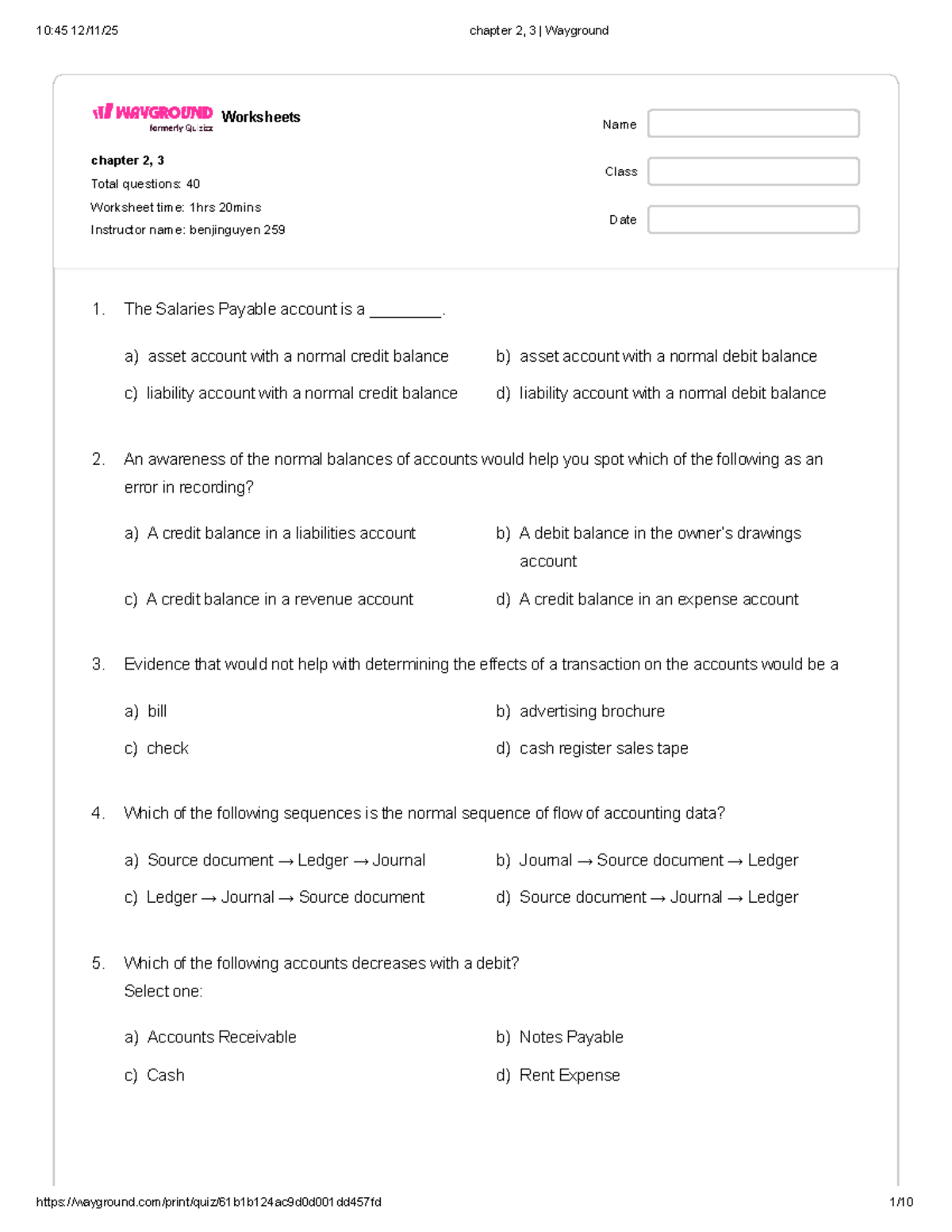 Chapter 2, 3 Wayground Worksheets - Total Questions: 40 - Studocu