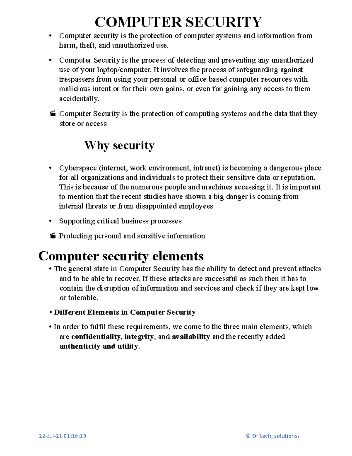 Computer Security Overview: Elements, Types, and Terminologies - Studocu
