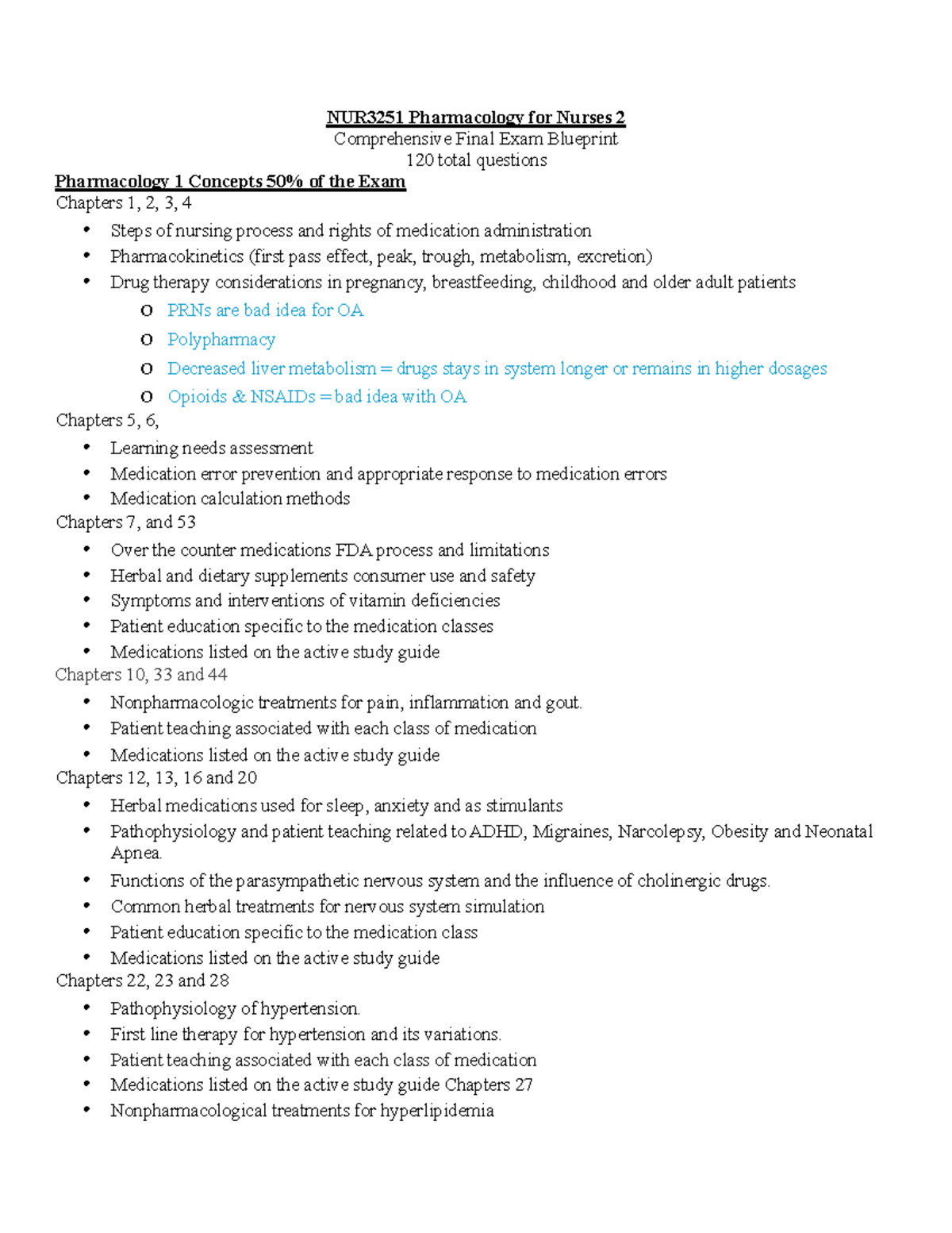 NUR3251 Pharmacology for Nurses 2 Final Exam Blueprint & Study Guide ...