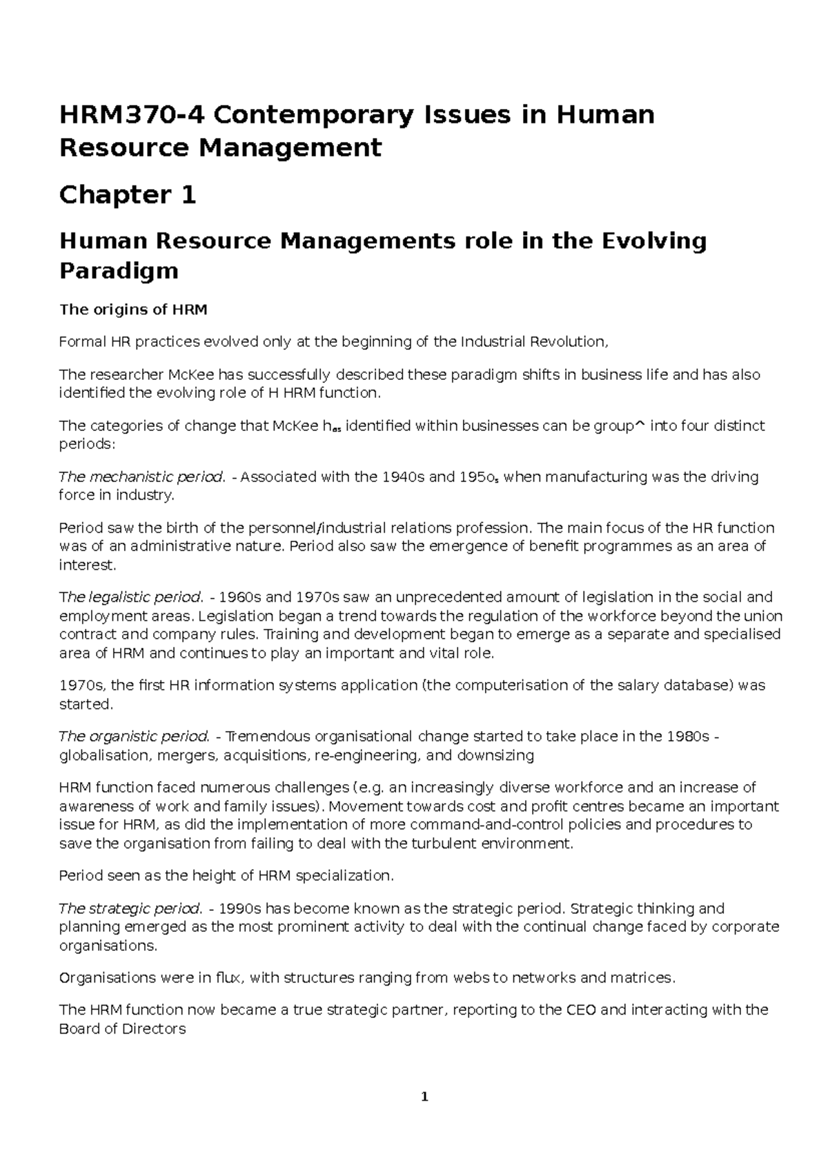 HRM3704 - Chapter 1: The Evolving Role of HRM in Organizations - Studocu