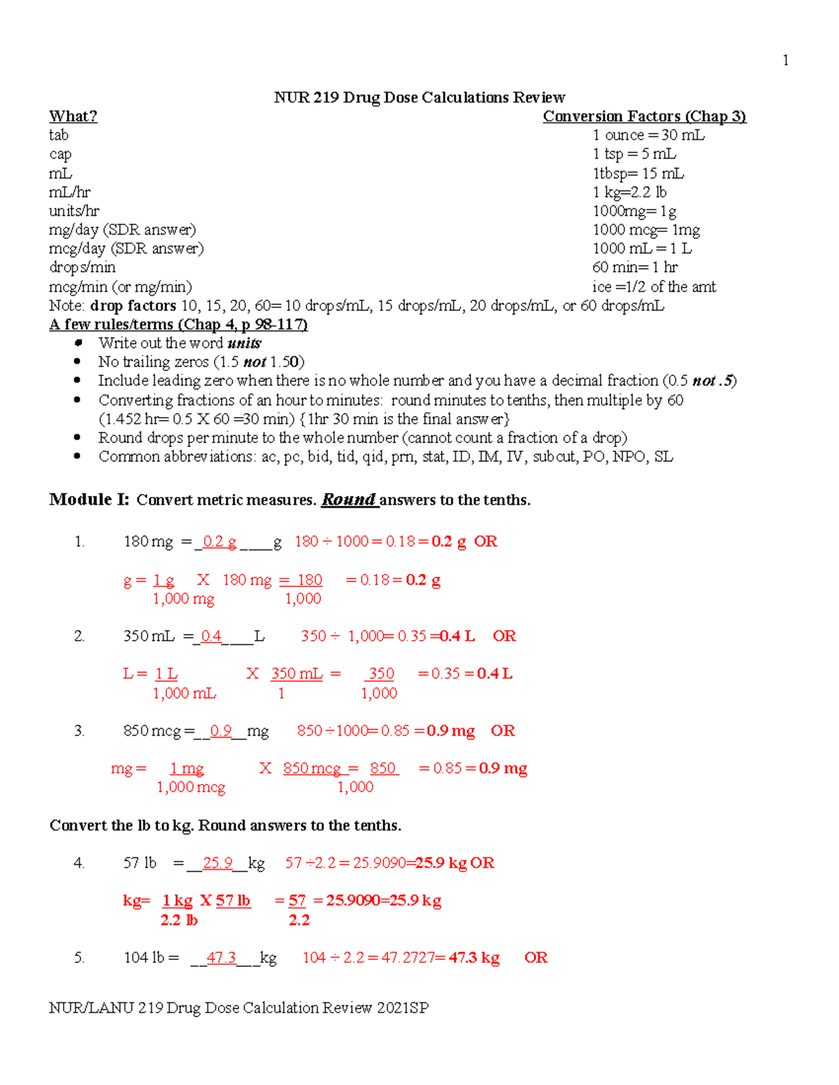 NUR 219 Drug Dose Calculations Review: Key Conversion Factors ...