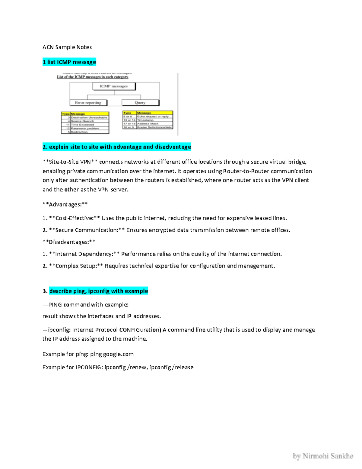 ACN Sample Notes: ICMP Messages, VPNs, IPv4, and Connection Services ...