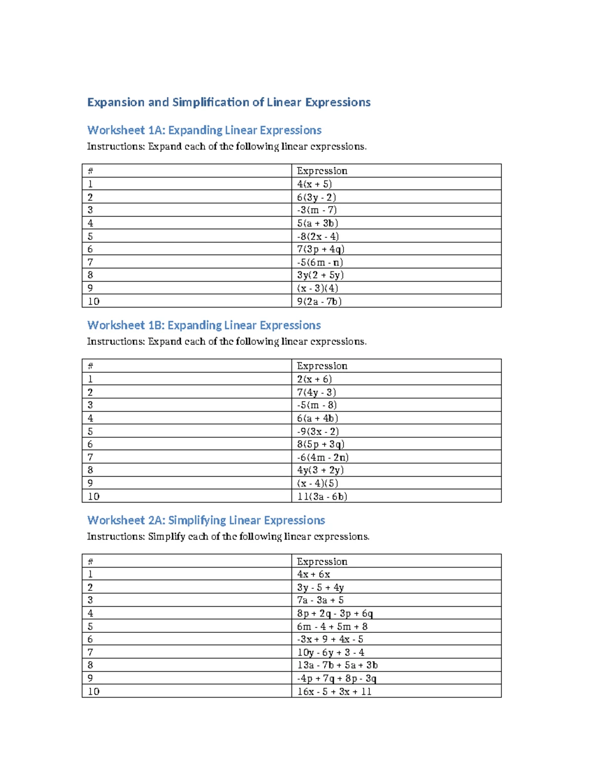 Expansion & Simplification of Linear Expressions Worksheet 1A & 2A/2B ...