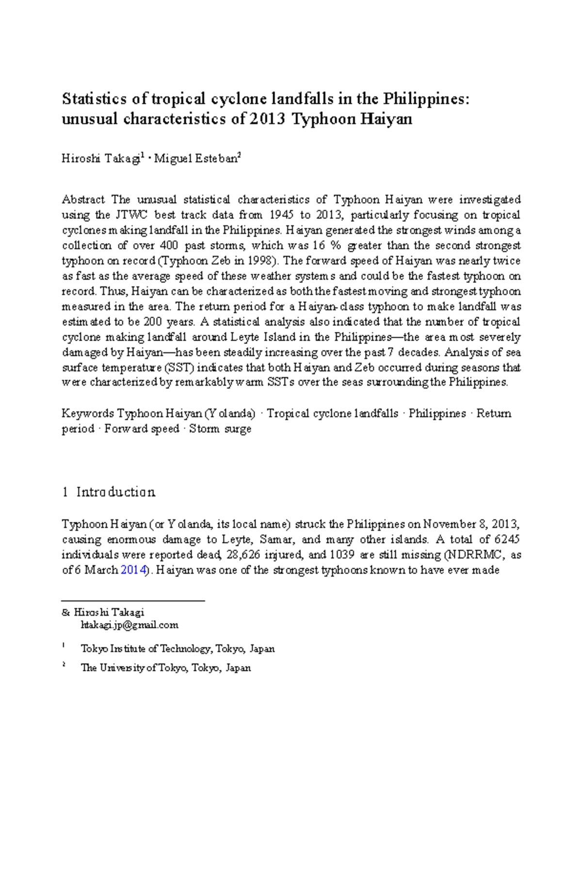Statistics of Typhoon Haiyan (2013) and Tropical Cyclone Landfalls in ...