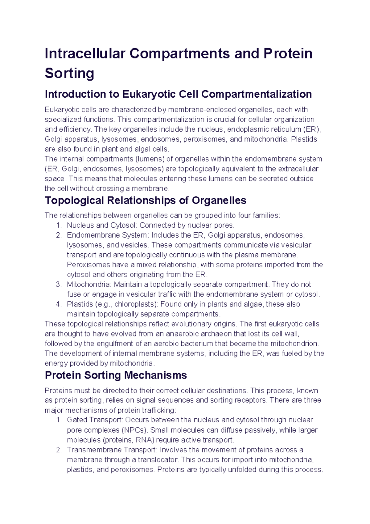 EUK 101: Intracellular Compartments & Protein Sorting Overview - Studocu
