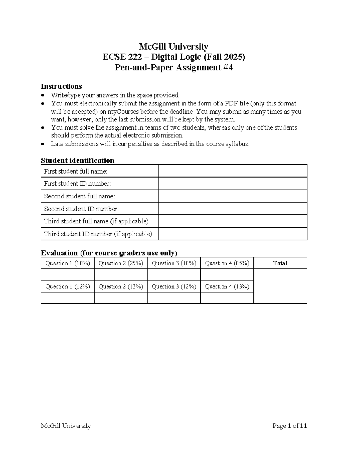 ECSE Digital Logic (Fall 2025) Assignment Instructions & Solutions ...