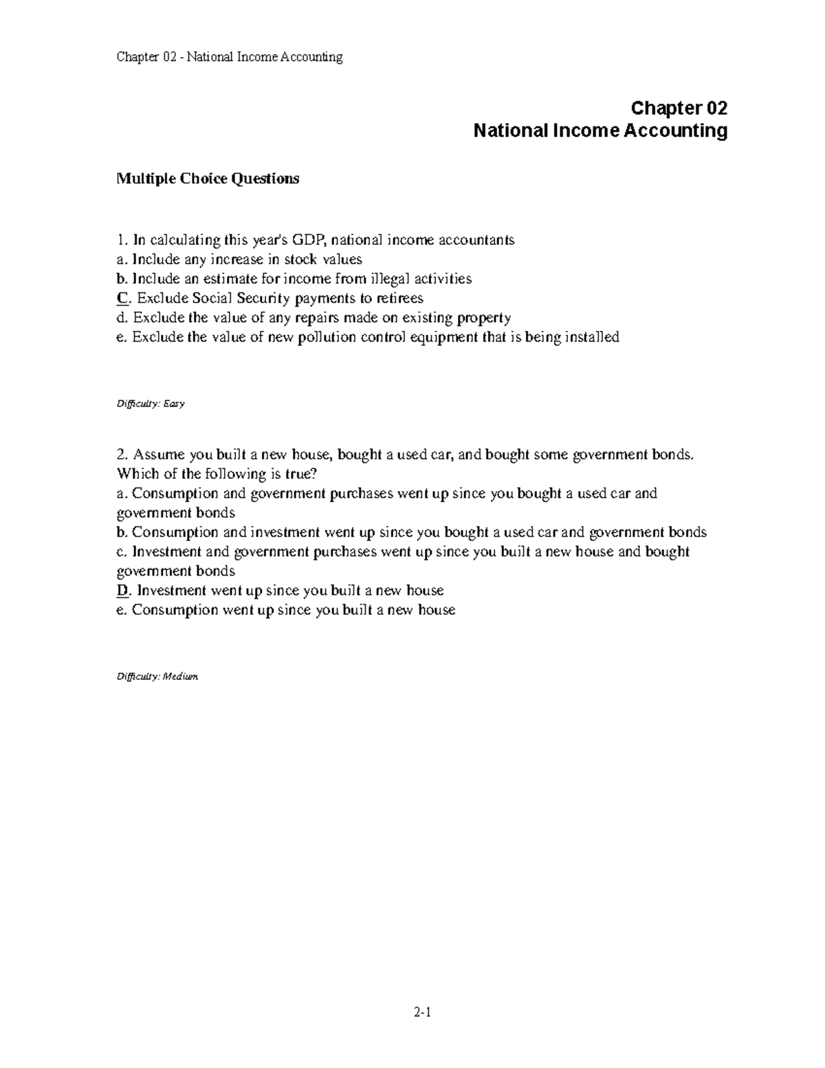 Tb Chap 002 - Chapter 02 National Income Accounting Multiple Choice ...