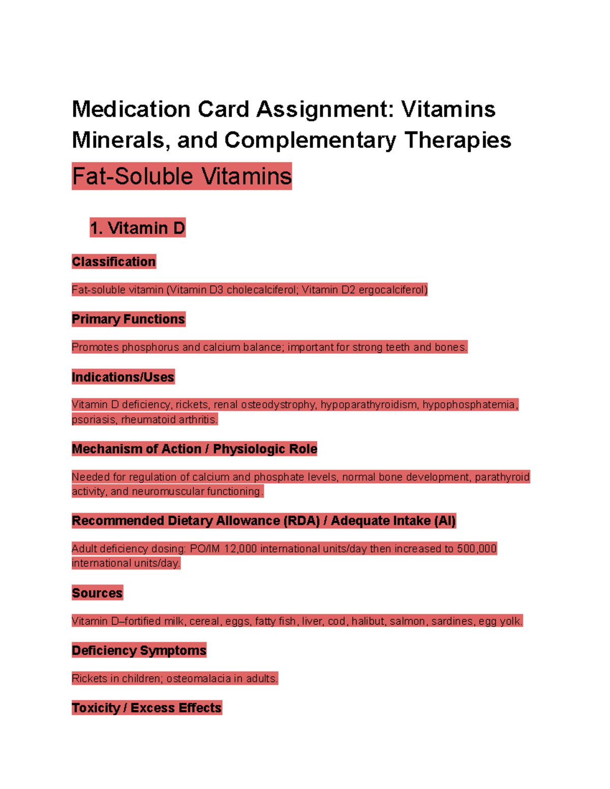 Medication Card Assignment: Vitamins, Minerals & Therapies - Studocu