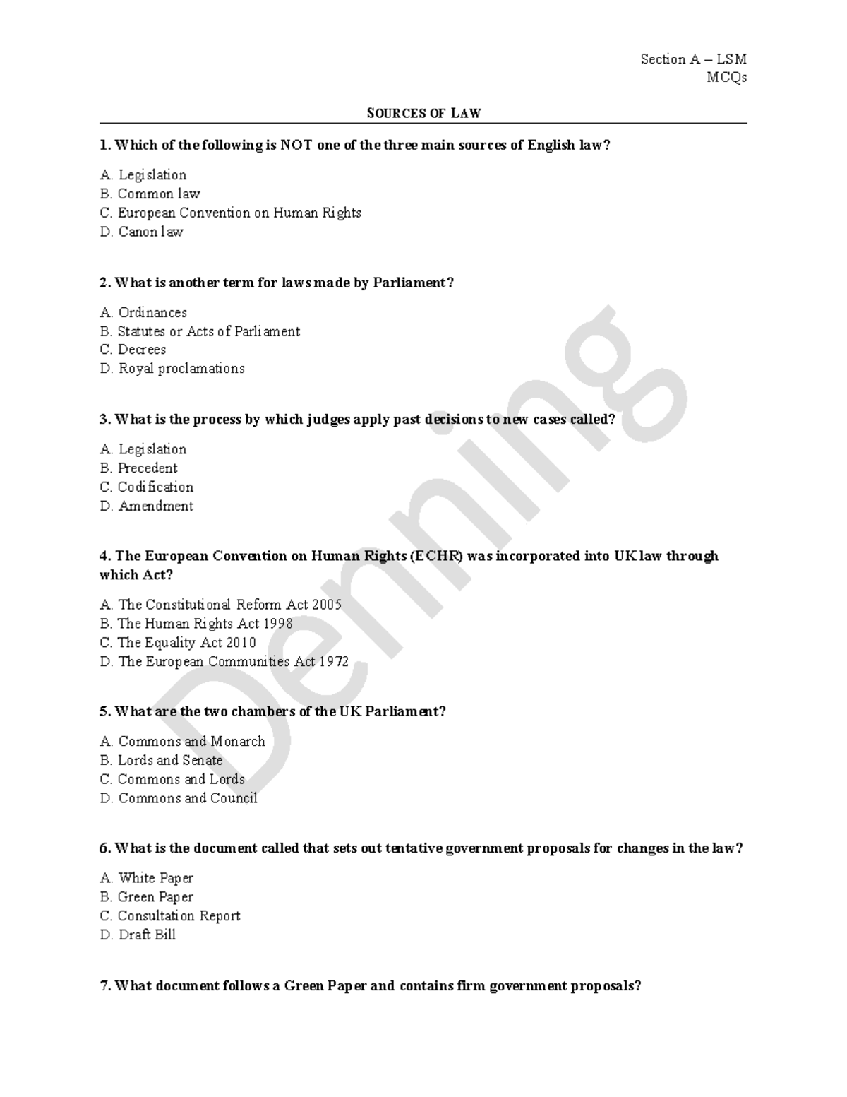 LSM 101 Sources of Law MCQs - November 2025 Exam Prep - Studocu
