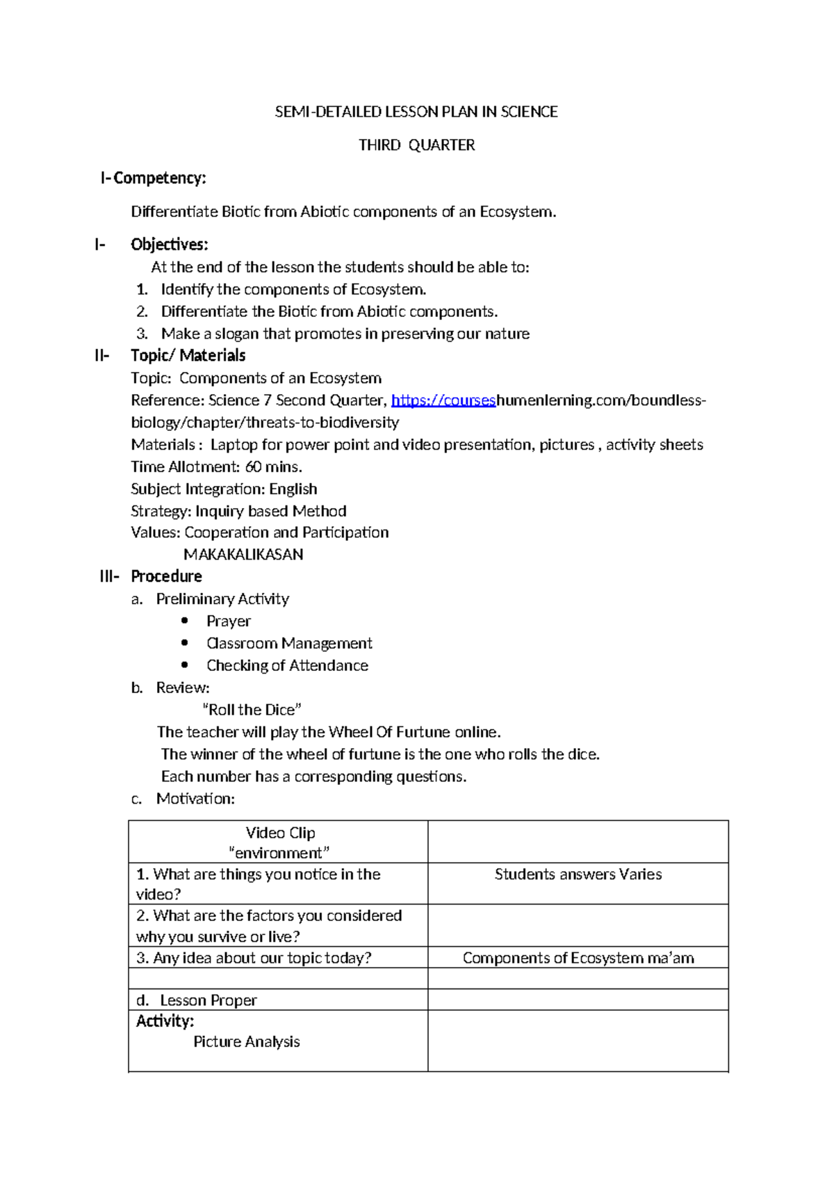 Cot3 - lesson plan - SEMI-DETAILED LESSON PLAN IN SCIENCE THIRD QUARTER ...