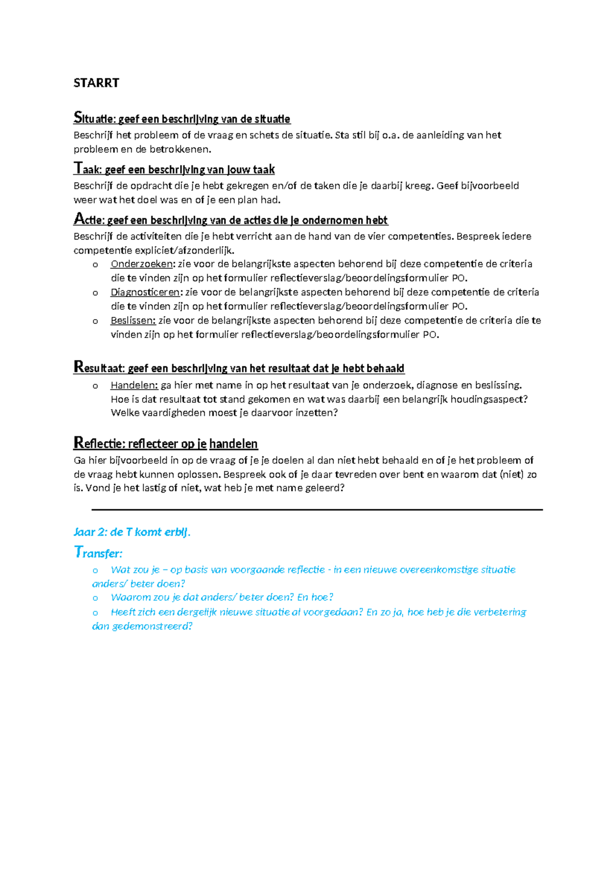 Starrt-Methode Reflectie en Acties - Leerjaar 1 2025-2026 - Studeersnel