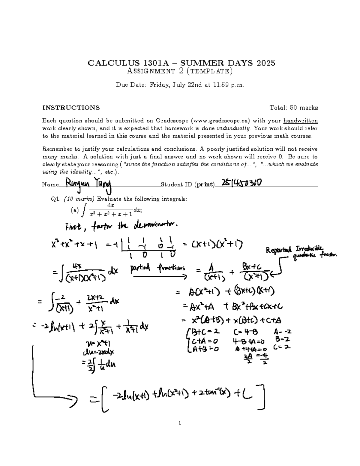 CALCULUS 1301A Summer Days 2025 Assignment 2 Instructions and Questions ...