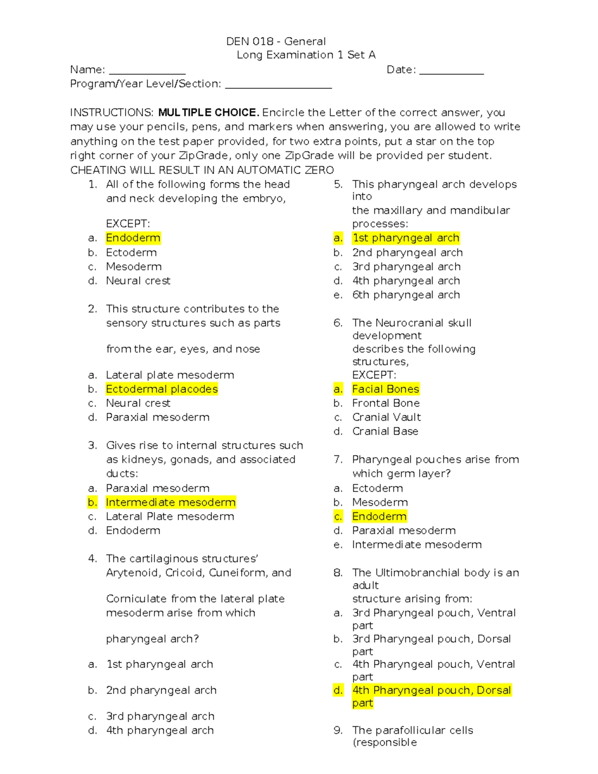 HES095: General Physiology & Pathophysiology Long Exam 1 Sets A & B ...