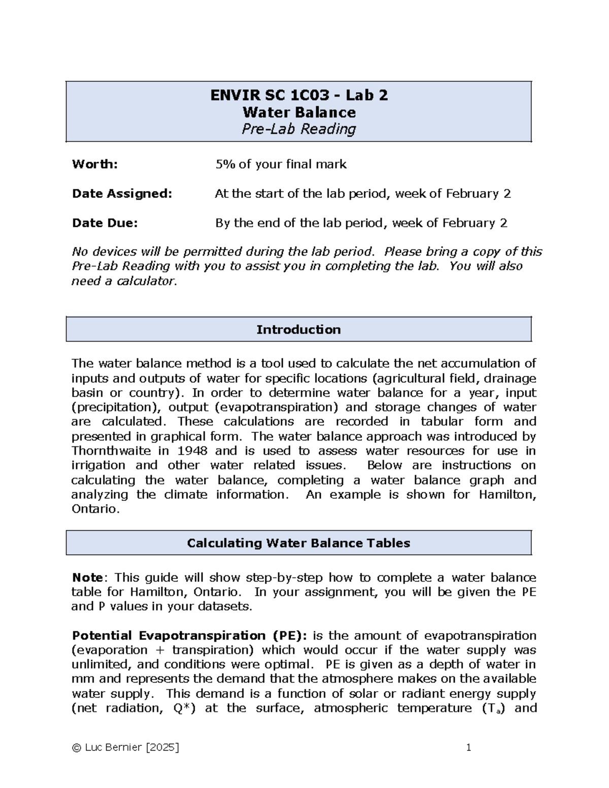 ES 1C03 Lab 2: Water Balance Method and Calculations Guide - Studocu