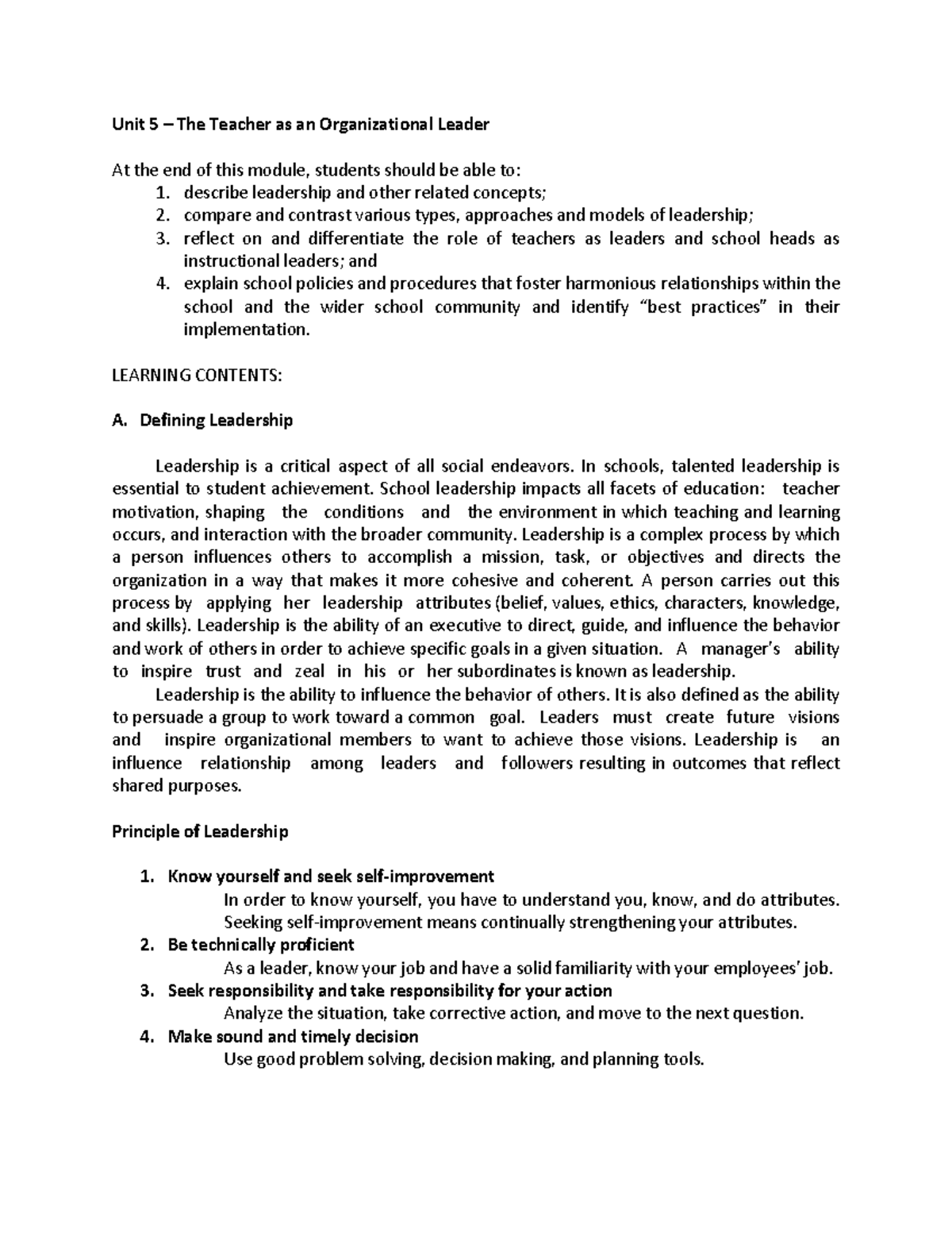 Prof Ed 312 Unit 5: The Teacher as an Organizational Leader - Studocu