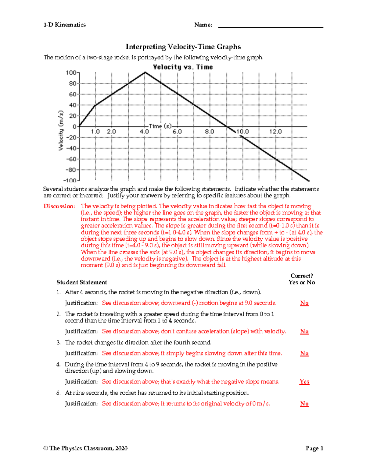 Ans1DKin9 - Kinematics: Analyzing Rocket Motion Graphs - Studocu