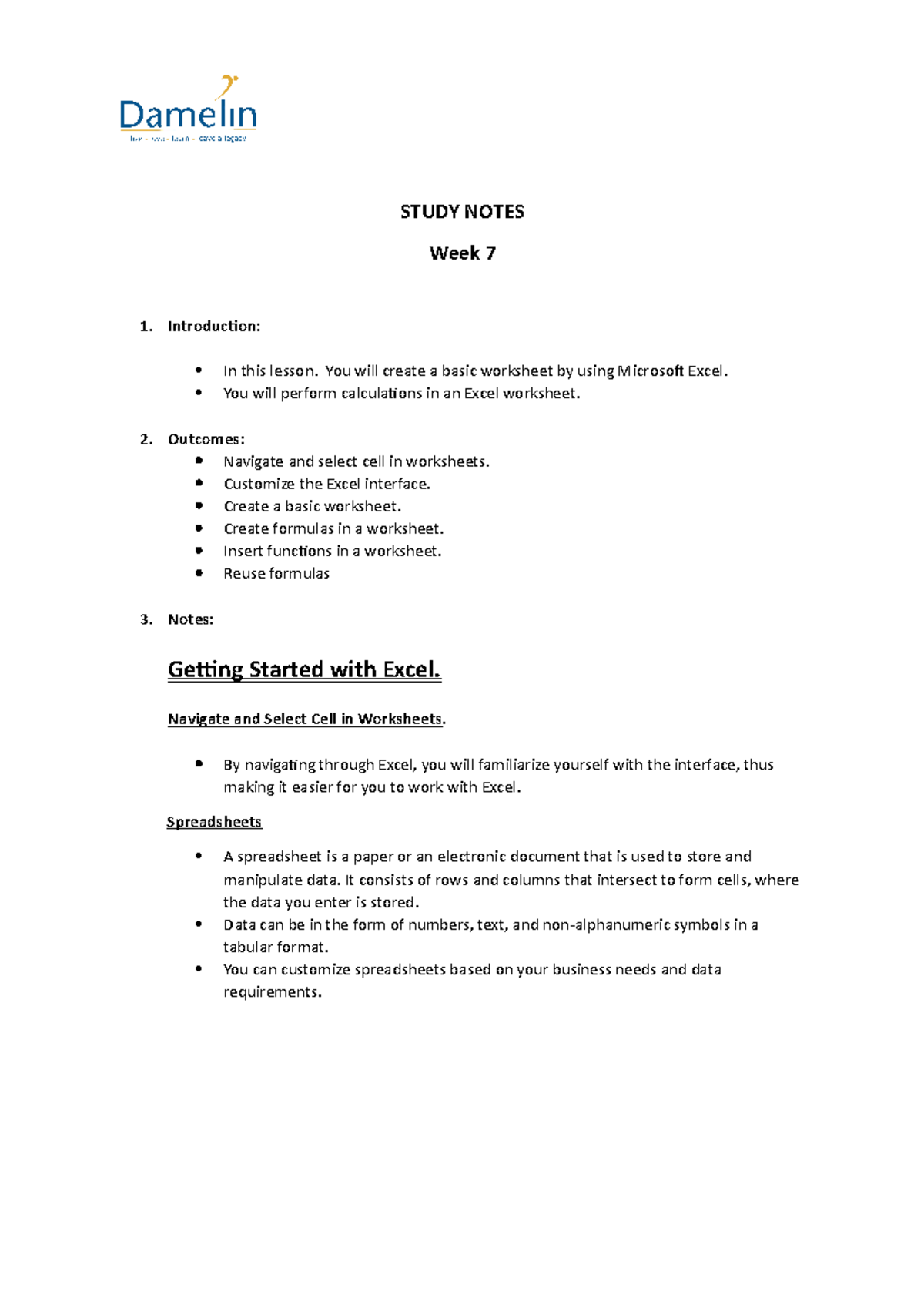 Getting Started with Excel. - STUDY NOTES Week 7 1. Introduction: In ...