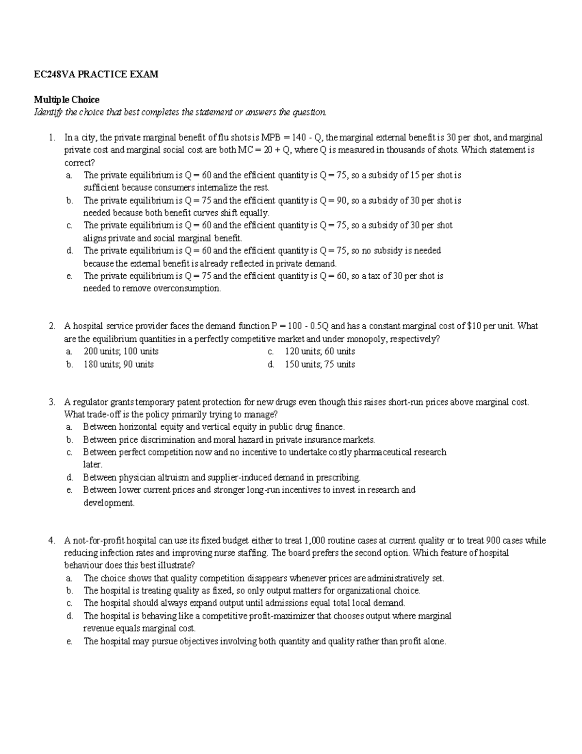 Practice Final Exam (W2026) - EC248VA Multiple Choice Questions - Studocu