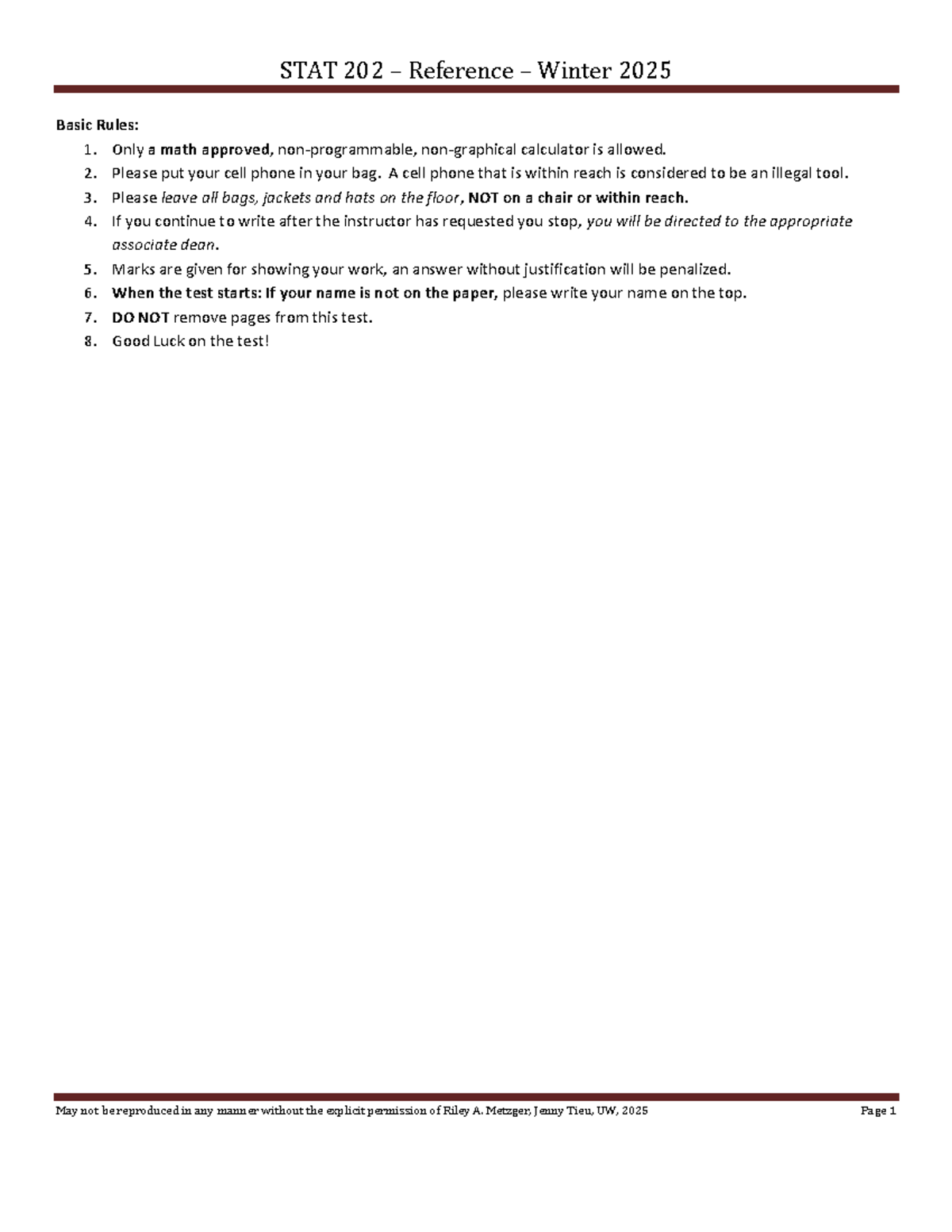 STAT 202 Winter 2025 exam reference guide and basic rules - Studocu