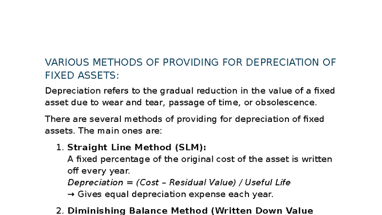 FIN 101: Depreciation Methods for Fixed Assets - Week 3 Notes - Studocu