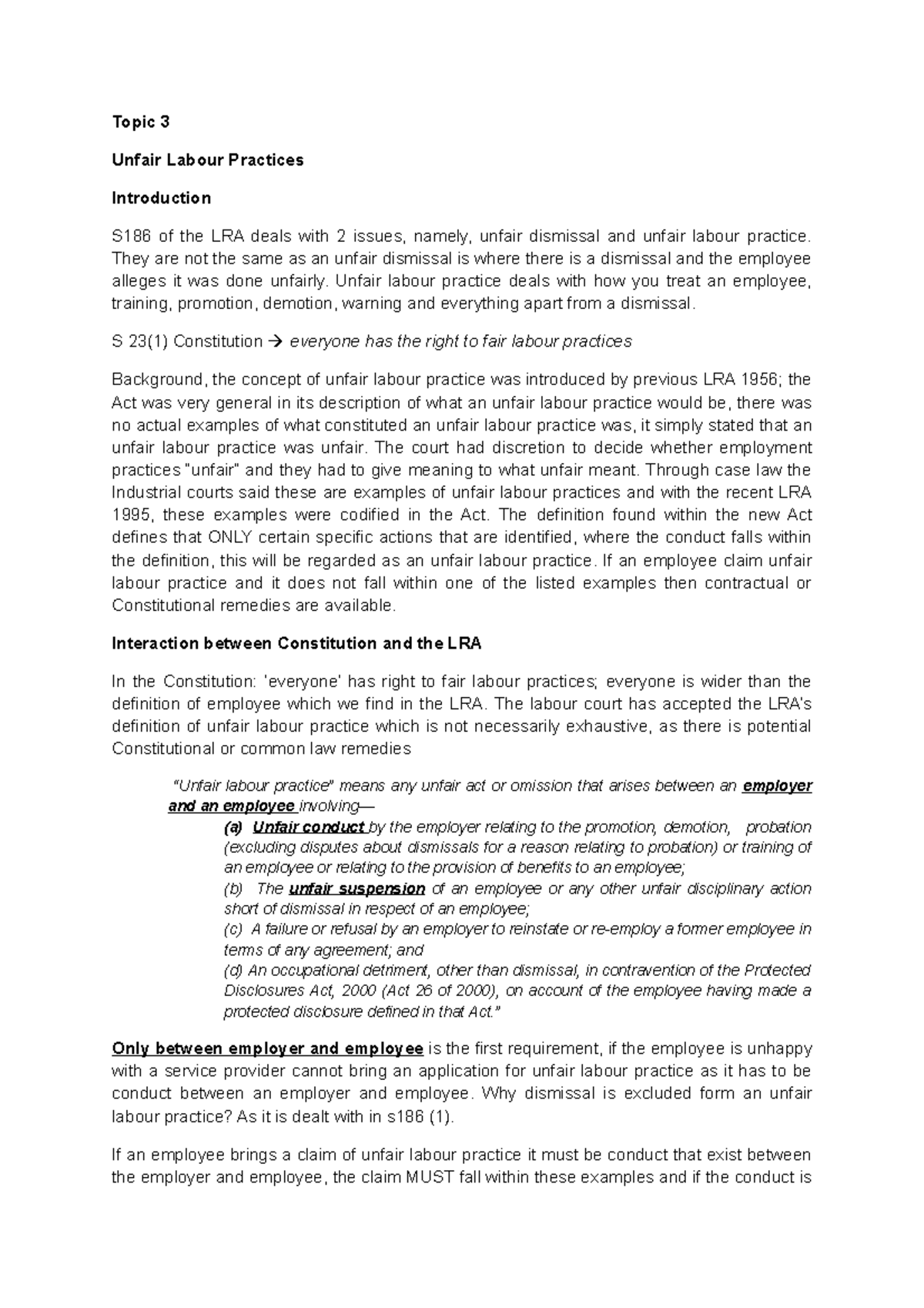 Theme 3: Unfair Labour Practices (LRA) - Key Concepts & Examples - Studocu