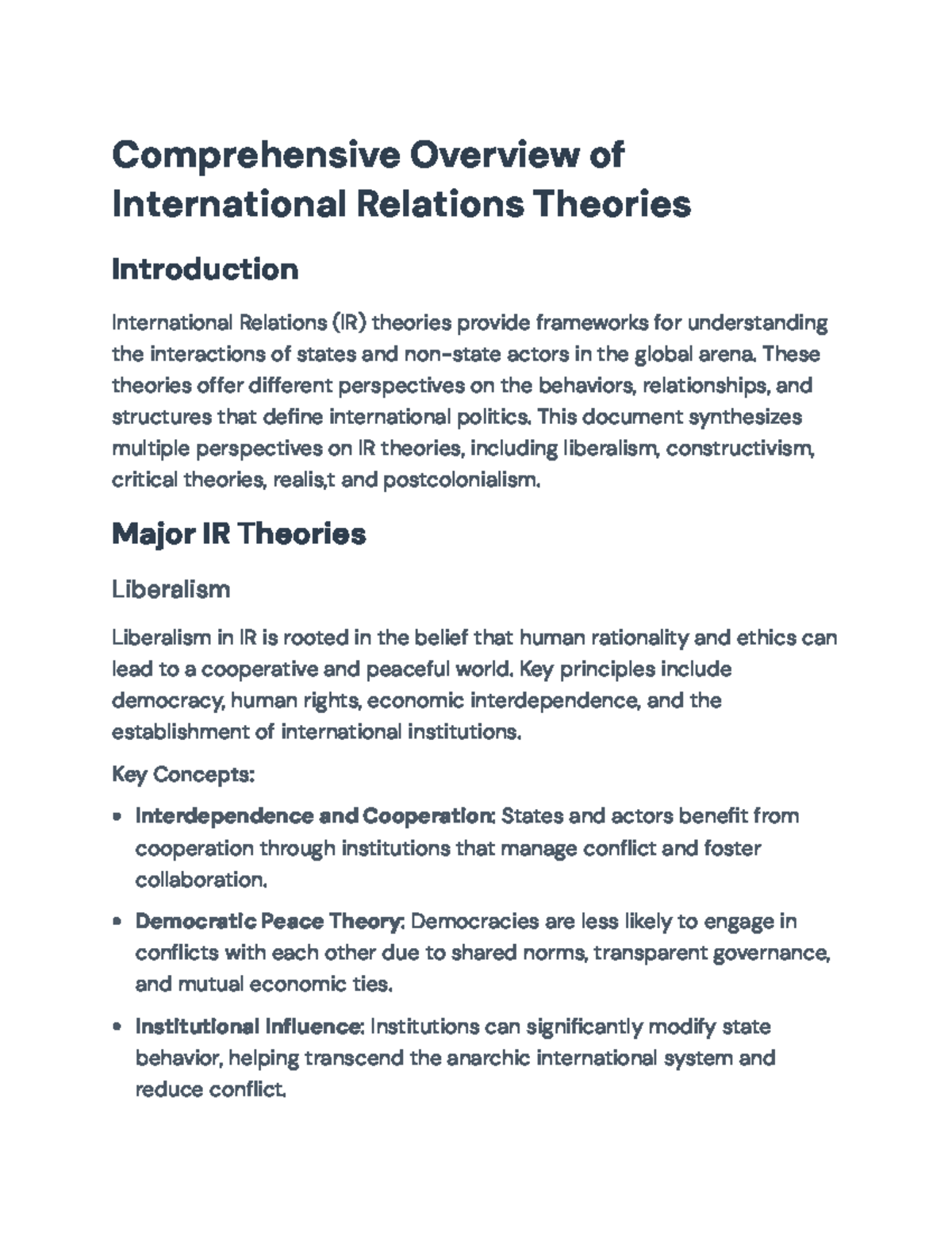 Comprehensive Overview of International Relations Theories (IR 101 ...