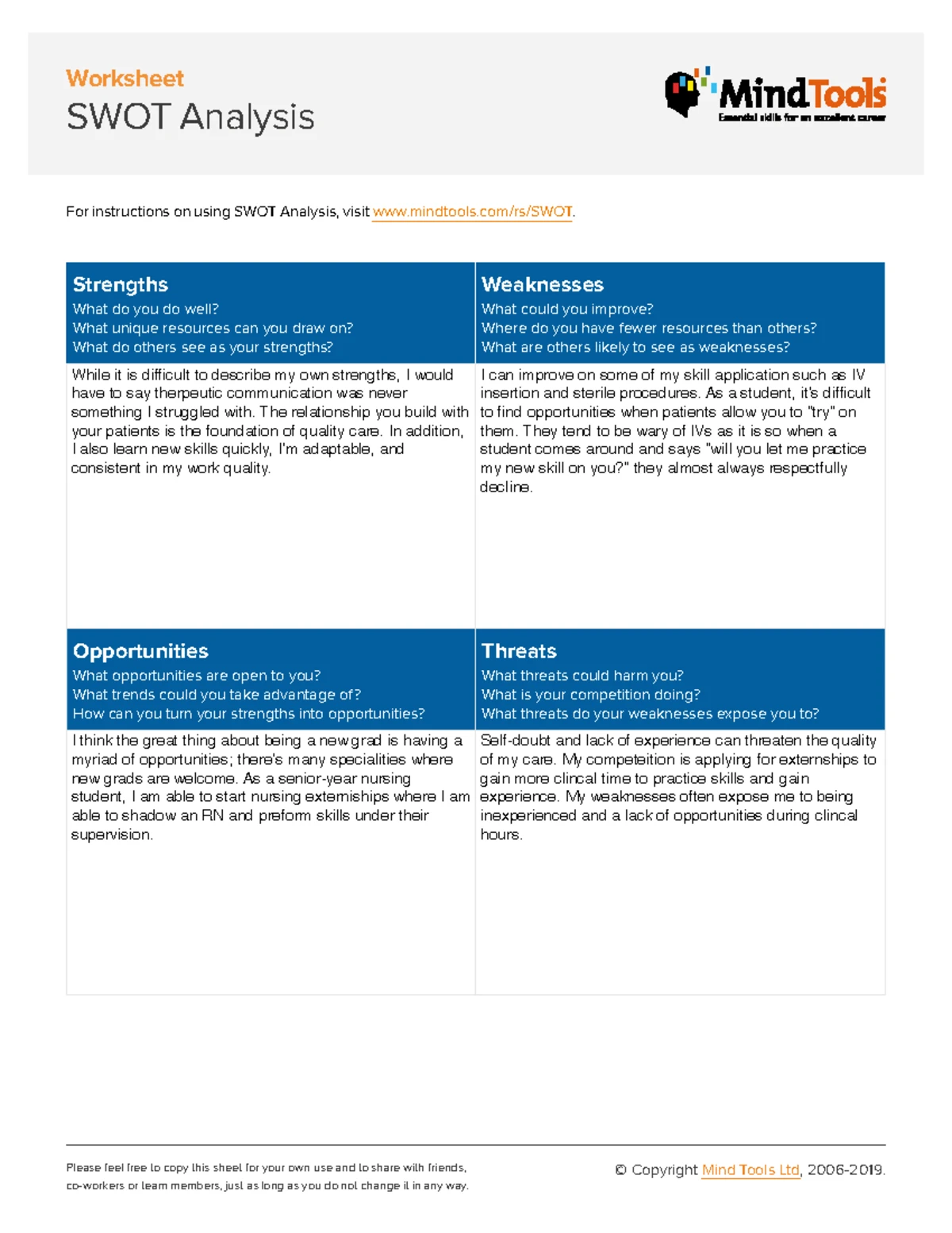 SWOT Analysis Worksheet for Personal Reflection and Career Planning ...