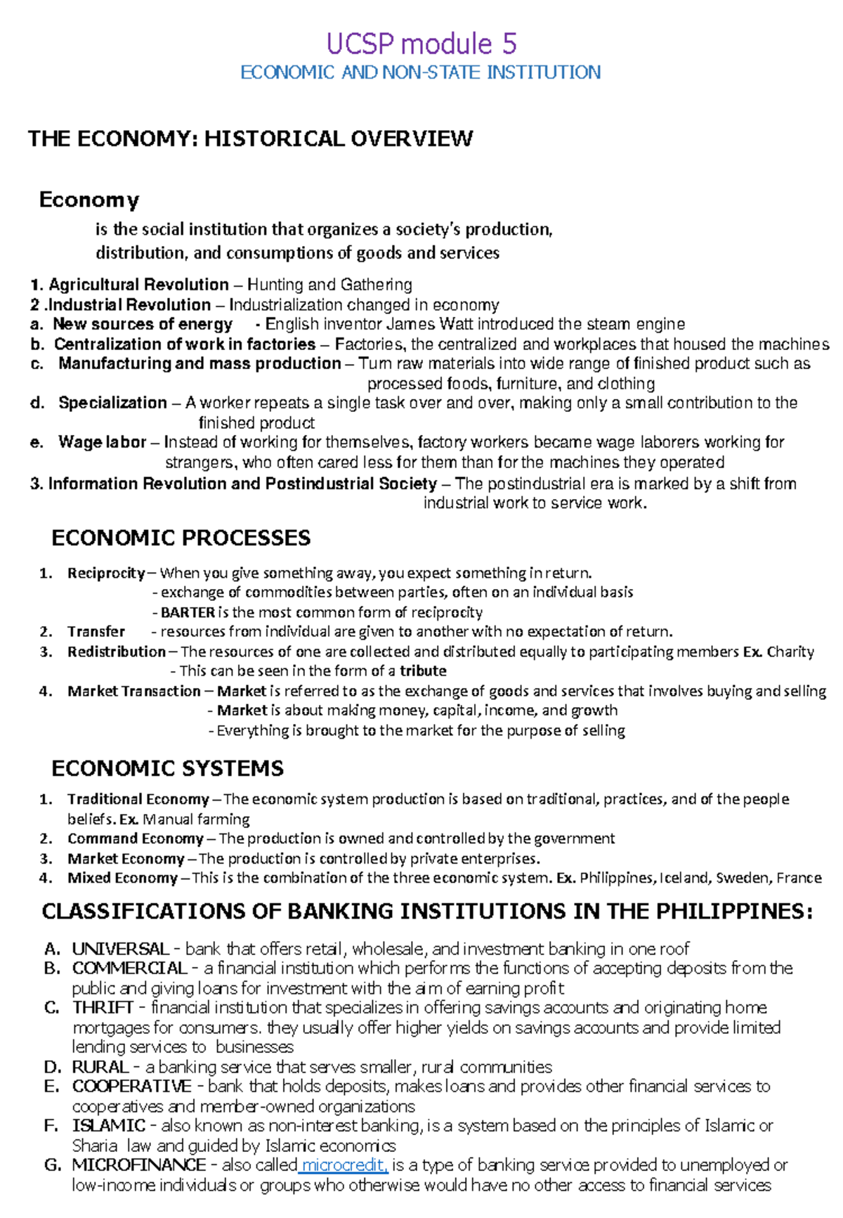 UCSP-Module 5: Economic & Non-State Institutions Overview - Studocu