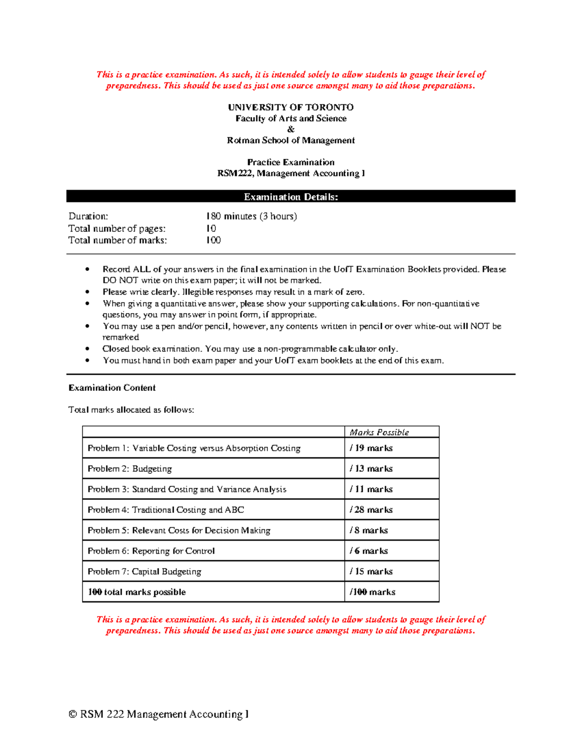 RSM222 - Practice Final - This is a practice examination. As such, it ...
