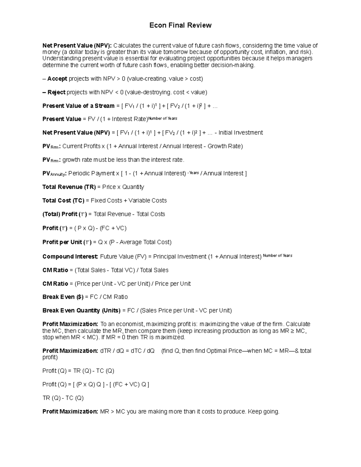 Econ Final Review: Key Concepts and Formulas - Studocu