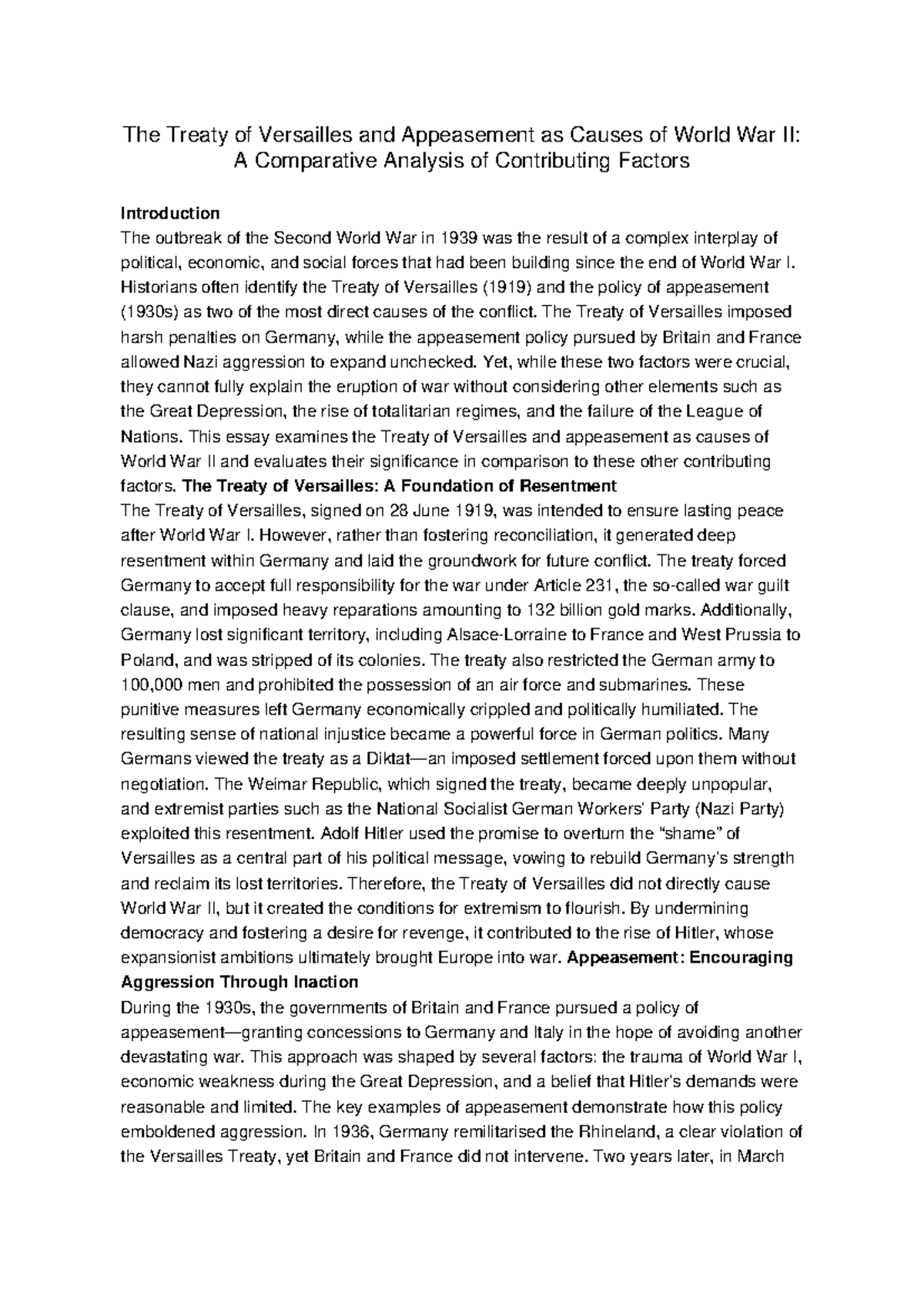 Treaty of Versailles & Appeasement: Causes of WWII Analysis - Studocu