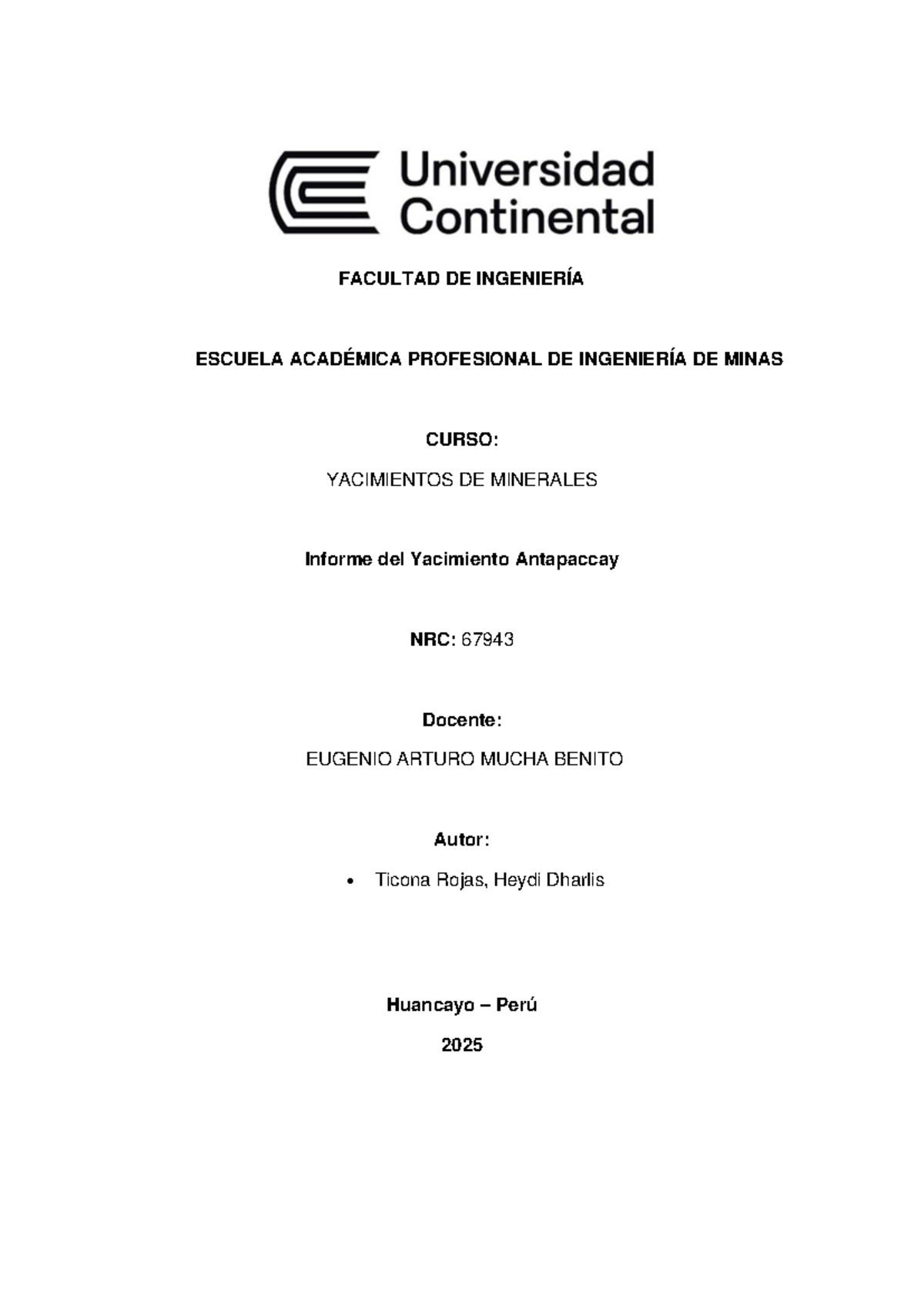 Informe del Yacimiento Antapaccay - Curso: Yacimientos de Minerales - Document Preview