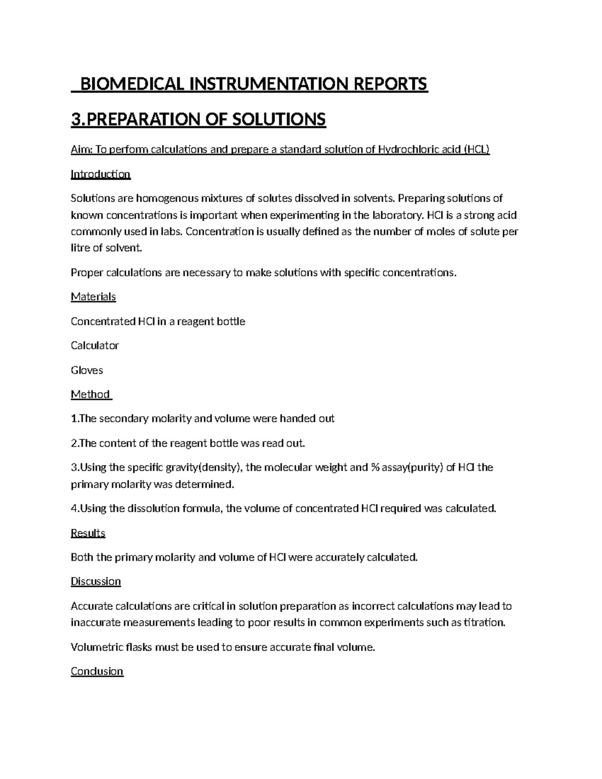 BIOMEDICAL INSTRUMENTATION REPORT: PREPARATION OF SOLUTIONS & MICROTOMY ...